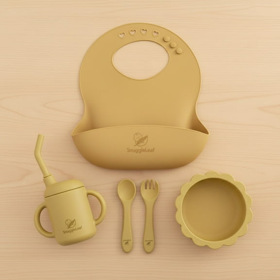 SnuggleLeaf Silicone Baby Feeding Set - BPA Free, Waterproof Silicone Infant Bib, Complete Kid's Mealtime Kit with Suction Bowl, 5 Piece