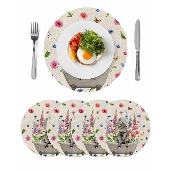 Pink Flowers Yak Round 13 Inch Placemats Set of 4, Spring Floral Butterflies Rustic HeatResistant Non Slip Place Mats for Dining Table, Wipeable Braided Kitchen Table Mats for Housewarming