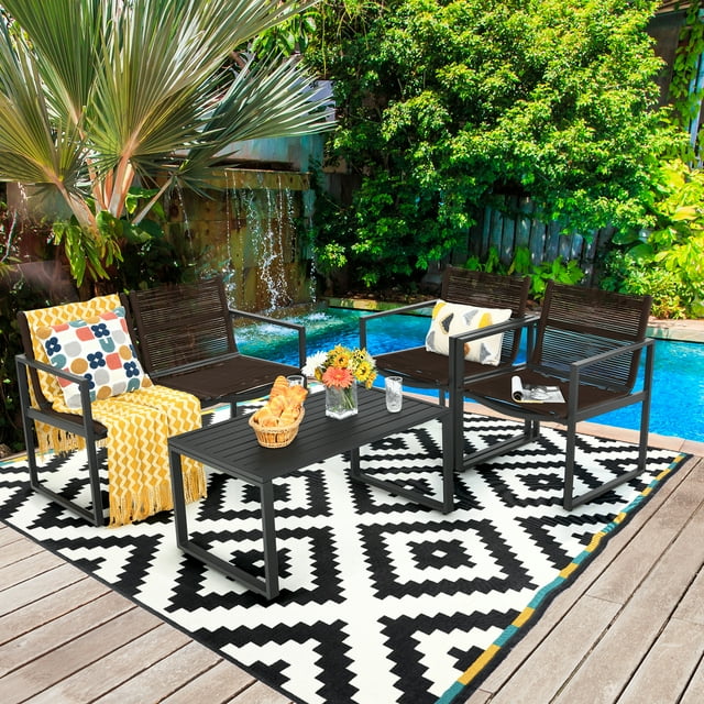 Gymax Ensemble de Conversation pour Patio 4 Pcs Cour Jardin Extérieur avec Table à Café