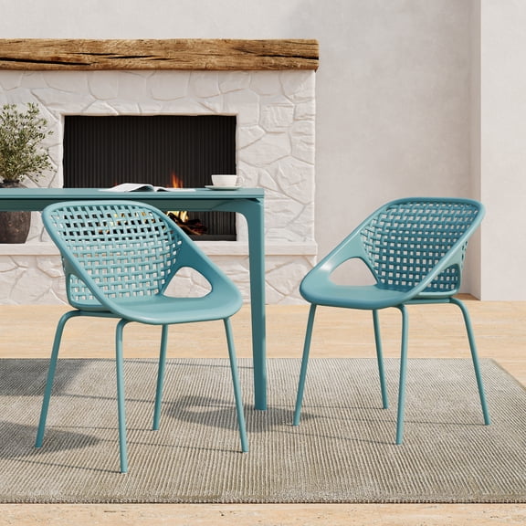 Christopher Knight Home Modern Outdoor Patio Dining Chairs Set of 2, Plastic Iron Frame, Sky Blue