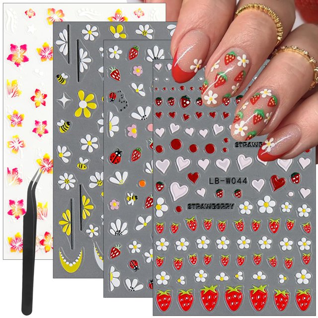 Calcomanías para uñas DAJIJIYOU, 4 hojas, arte 3D de fresa y flores