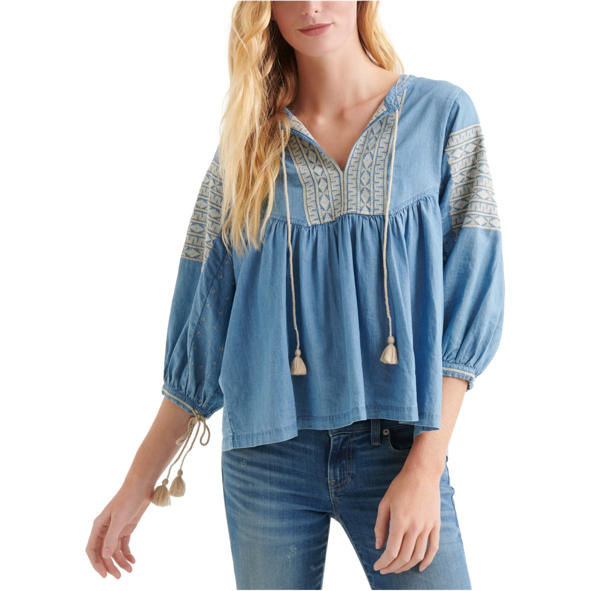 Womens Embroidered Peasant Blouse, Blue 
