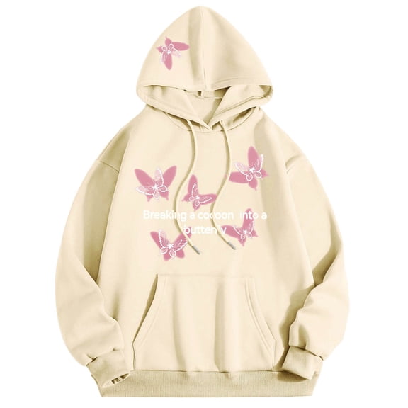 Bjutir Women Hoodie Sweatshirts Women'Sfall Winter Casual Loose Butterfly Print Pocket Hooded Sweatshirt Beige