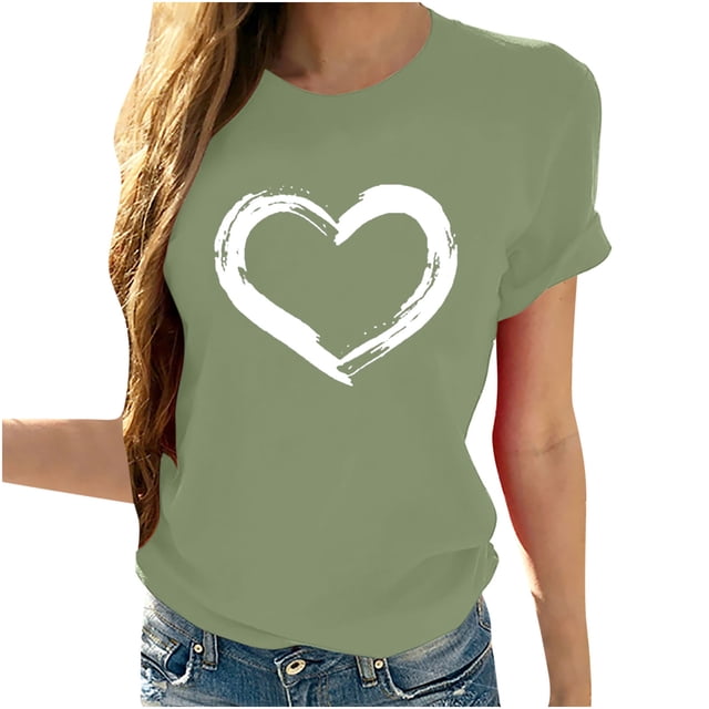 Pompotops T-shirt à Manches Courtes Femme Col Rond Imprimé Coeur Casual Tops