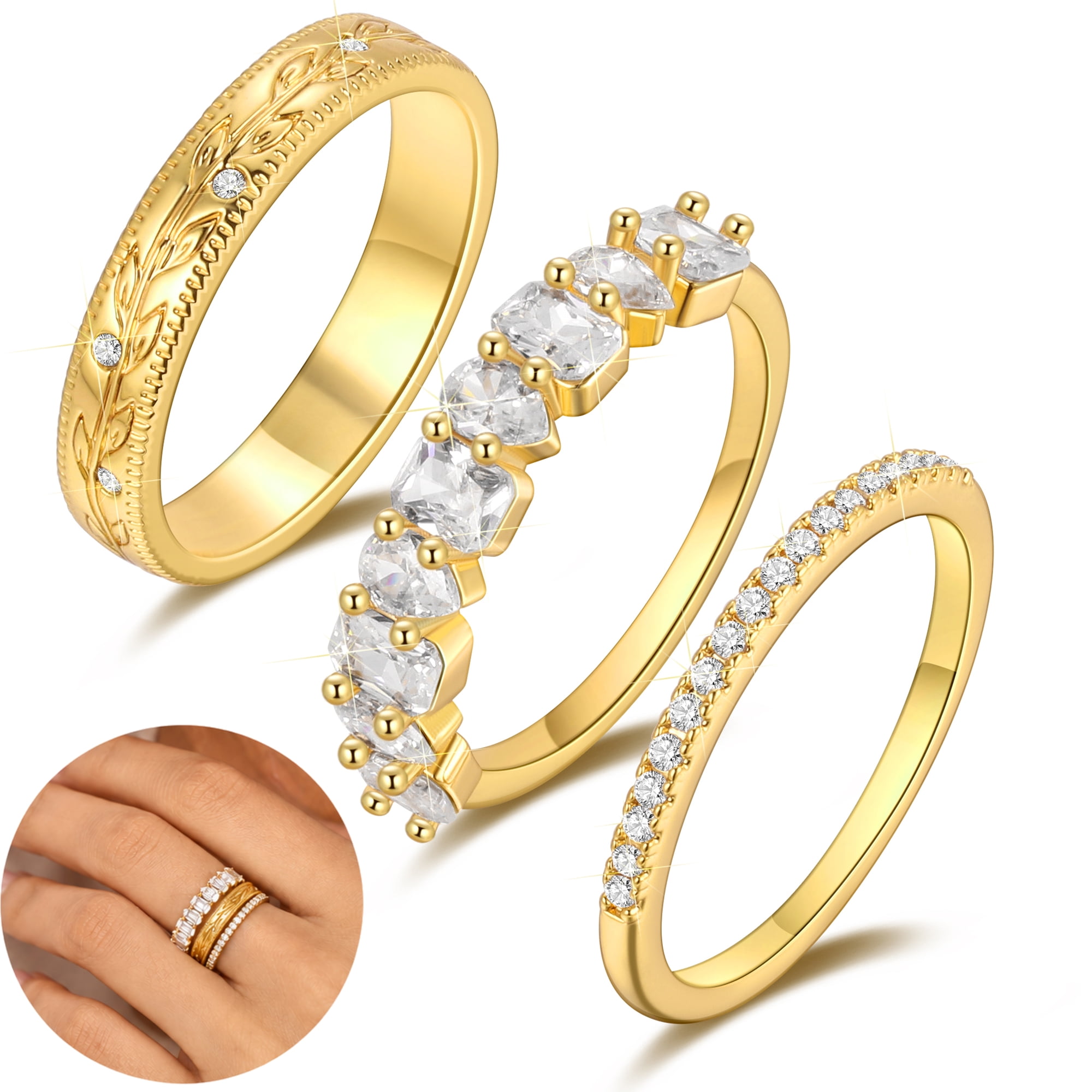 Beautlace Gold Plated Stackable Rings Set for Women,18K Gold Plated CZ Eternity Band Ring Set,Vintage Engraved Stacking Rings, Minimalist Promise Wedding Ring Set Gift for Her