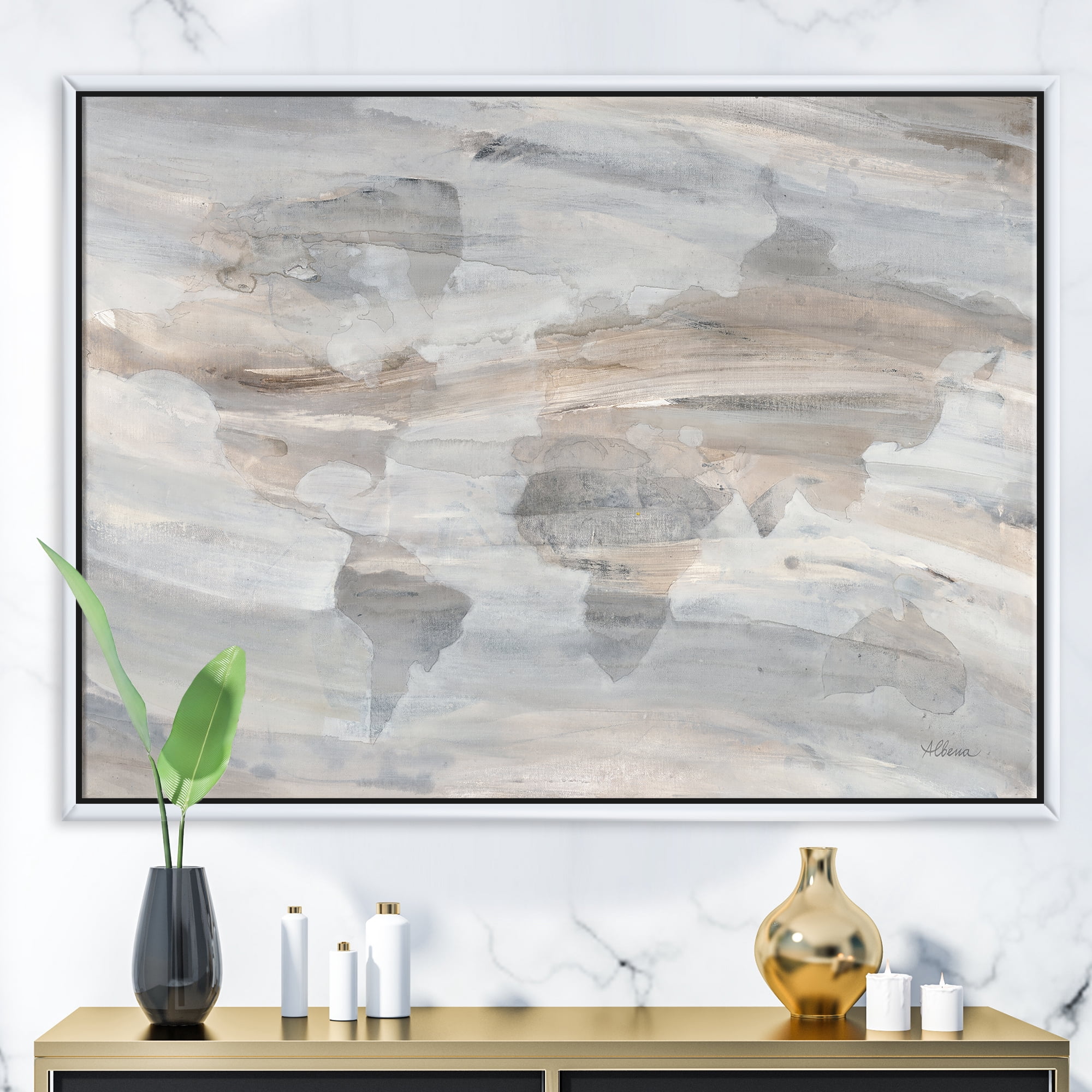 Designart ' Misty World Map ' Glam Map Framed Canvas