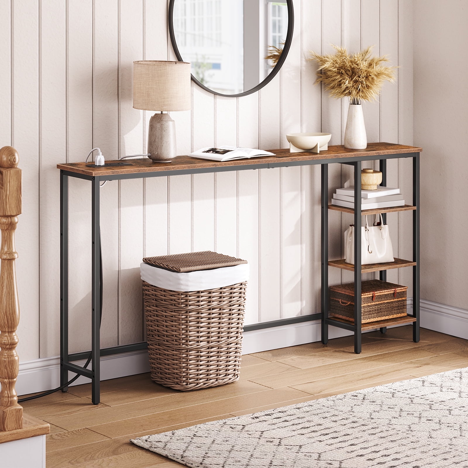 HOOBRO Console Table with Power Outlet, 63" Behind Sofa Table with Shelves, Narrow Entryway Table with Storage, Couch Table for Living Room, Hallway, Rustic Brown and Black BF164UXG01