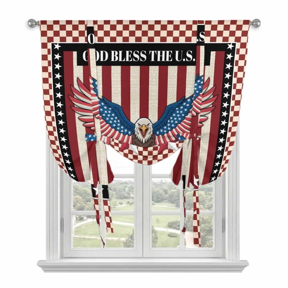 Independence Day Tie Up Curtains for Windows, Adjustable Balloon Window Shades, Eagle U.S Flag Red Blue Stripes Retro Kitchen Window Treatments Farmhouse Short Curtains with Rod Pocket 42"x45"