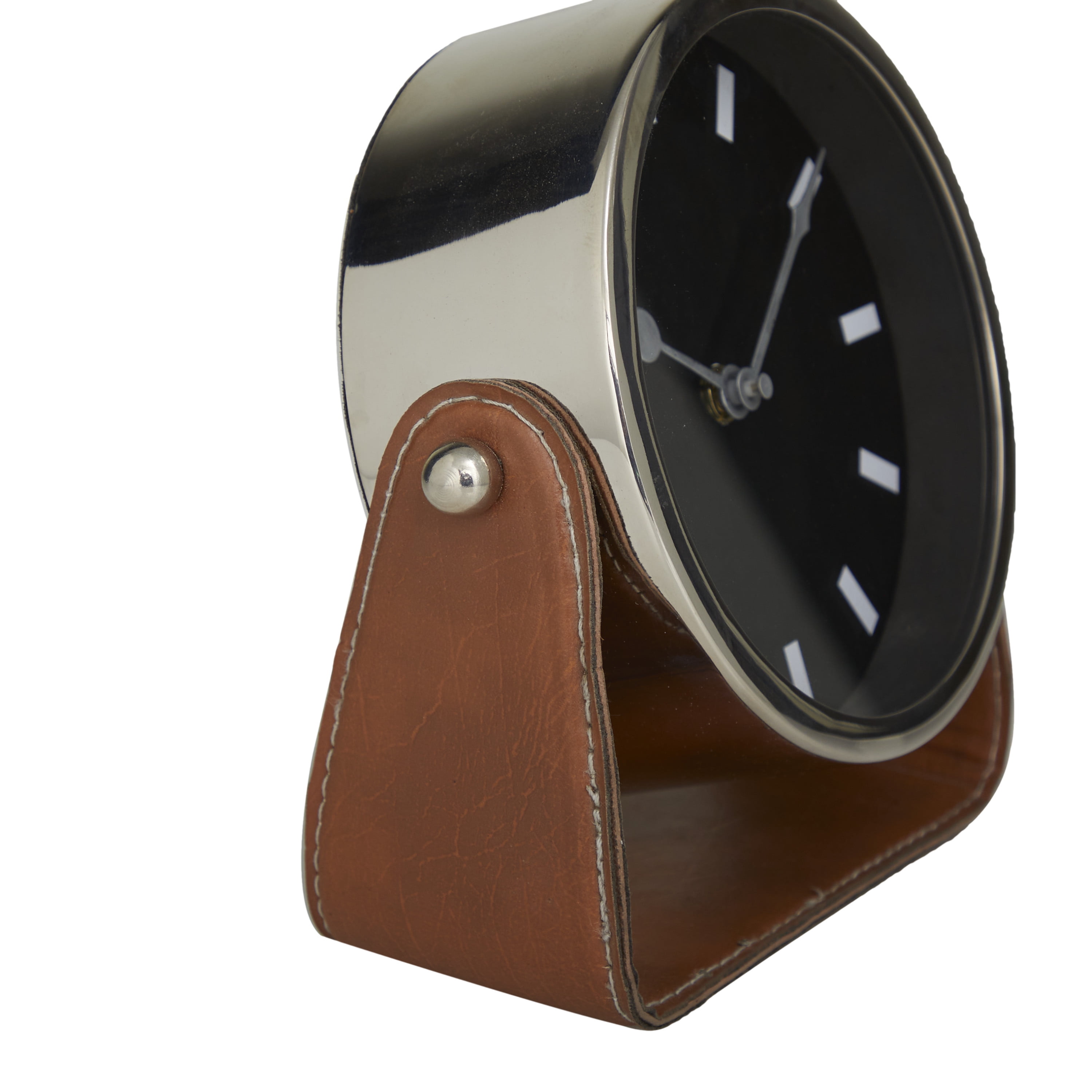 DecMode Stainless Steel Modern Round Decorative Desk Clock 7"W x 7"H, with Metallic Silver and Leathery Brown Stand