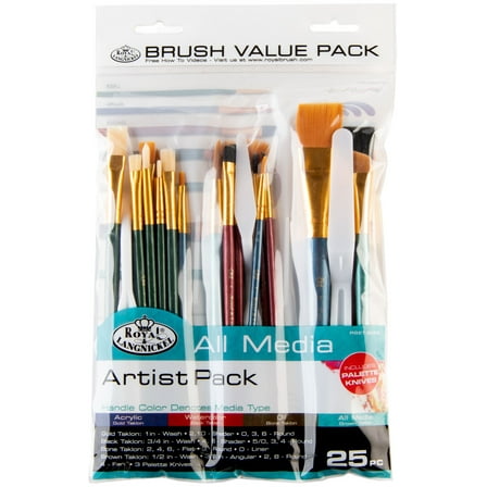 ROYAL & LANGNICKEL 25-Piece All-Media Taklon Brush Set – Wood Handles, Acrylic Oil, Watercolor, Value Kit
