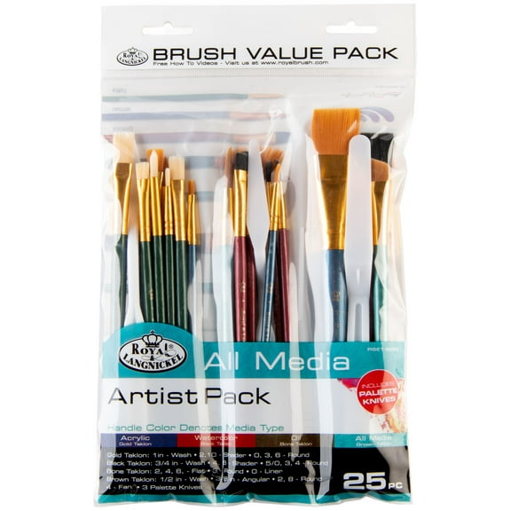 ROYAL & LANGNICKEL 25-Piece All-Media Taklon Brush Set – Wood Handles, Acrylic Oil, Watercolor, Value Kit