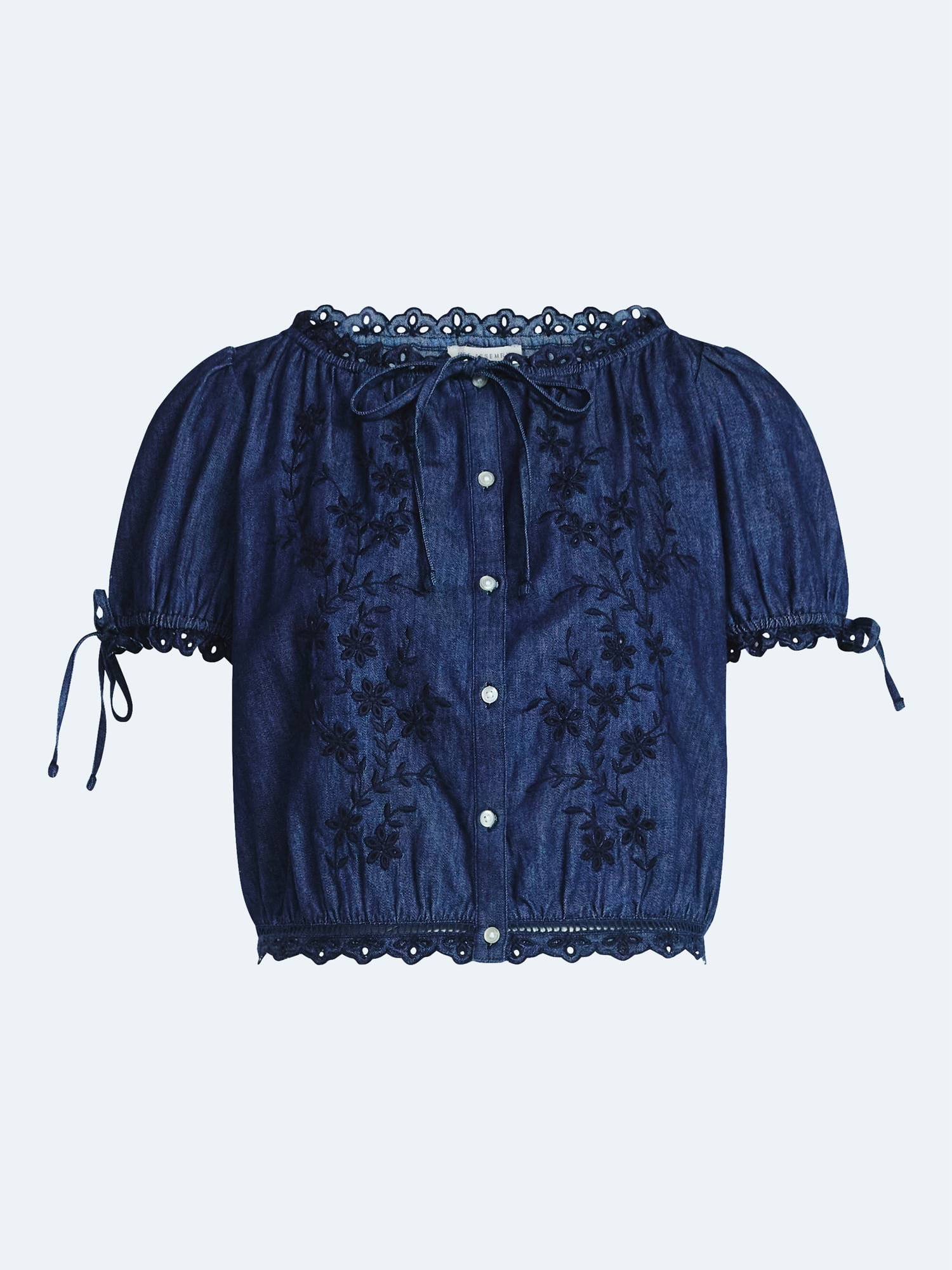 Free Assembly Women's and Women's Plus Embroidered Cropped Cotton Top with Short Sleeves, Sizes-XS-4X