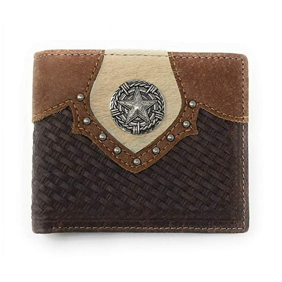 Western Genuine Leather Cowhide Cow Fur Star Basketweave Mens Bifold Short Wallet