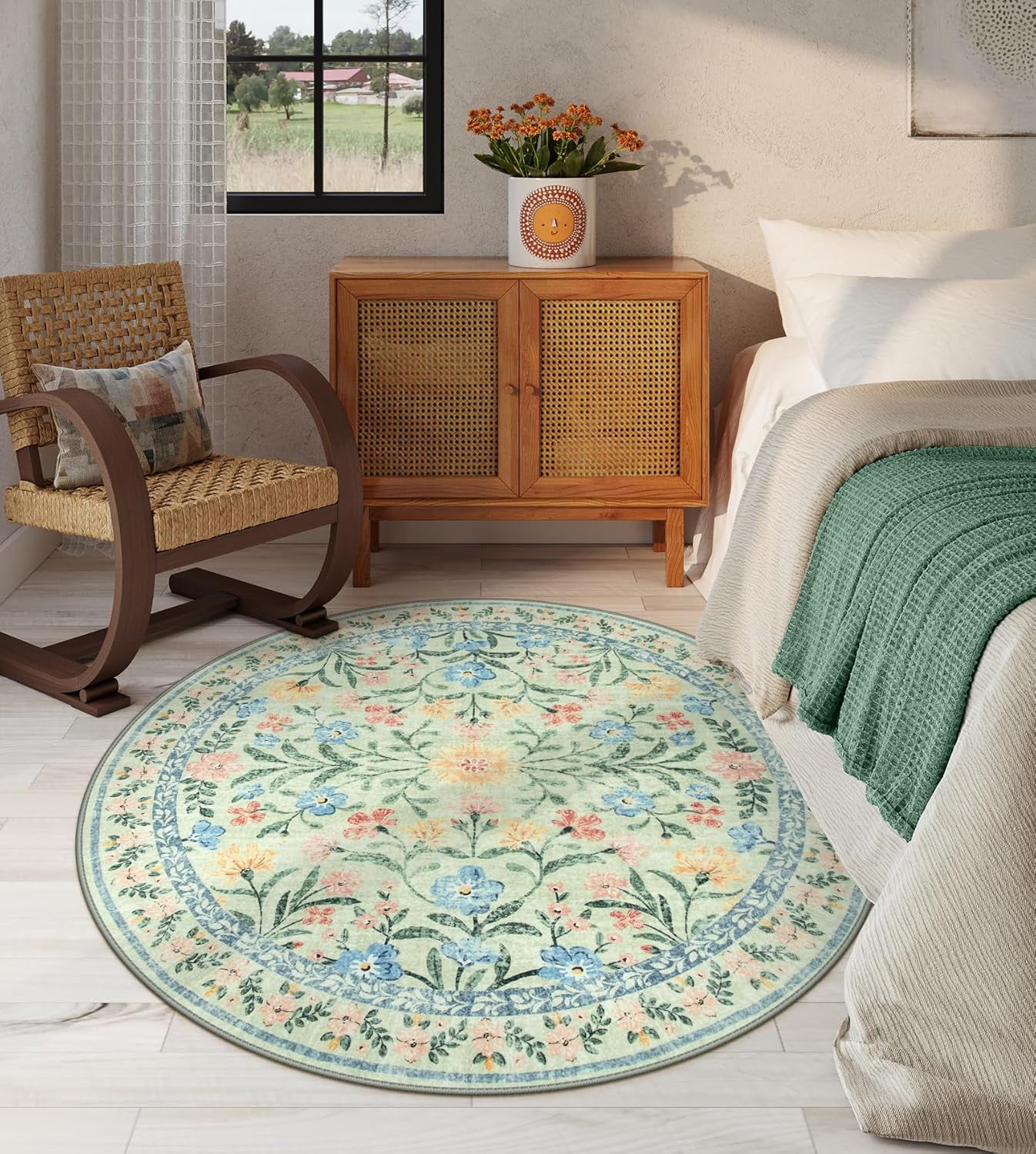 Moynesa 5'Round Boho Light Green Rug, Washable Small Circle Rugs for Bedroom,Nursery Circular Rug Girl, Soft Non-Slip Round Carpet for Kids Sunroom,Green