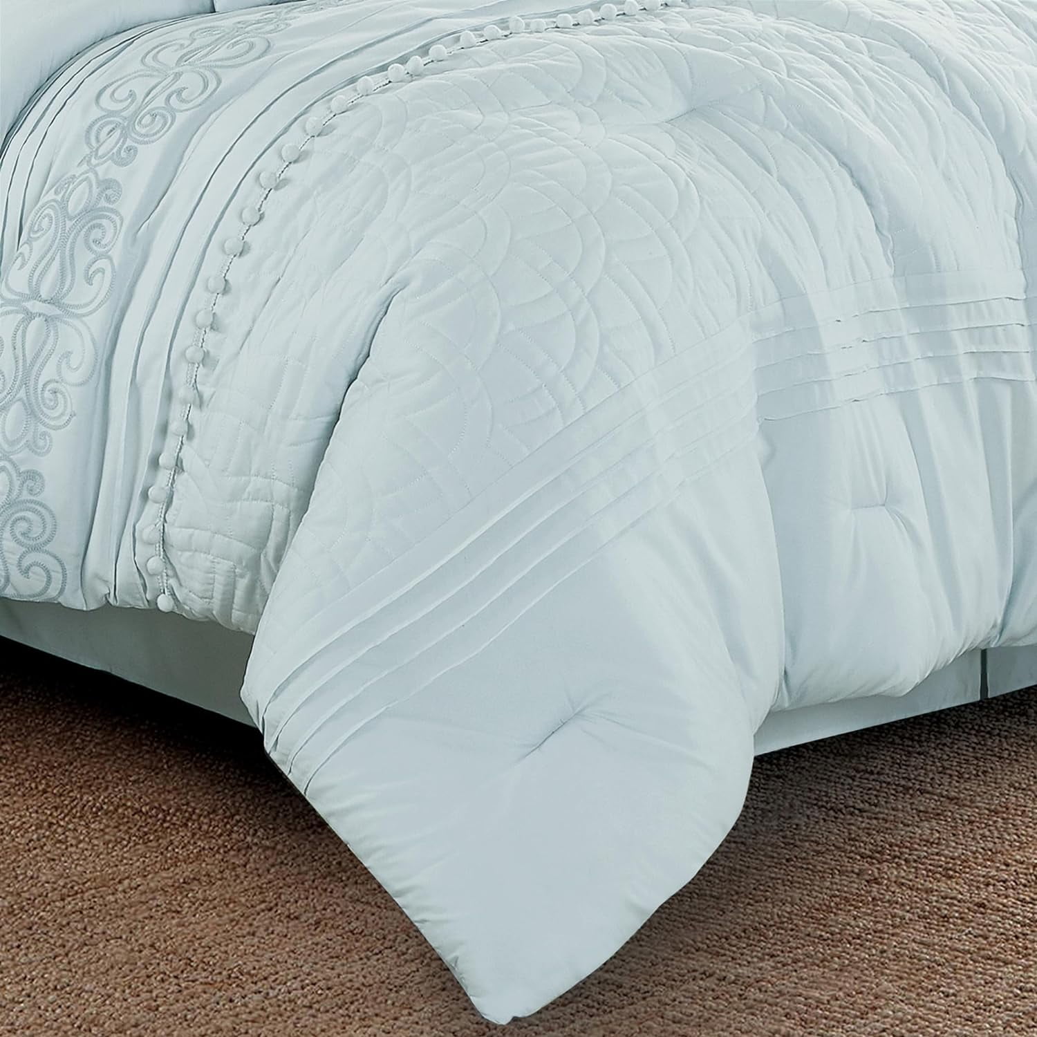 Chezmoi Collection 7-Piece Graceful Pale Blue Floral Chenille Pom Pom Embroidery Comforter Set, Queen