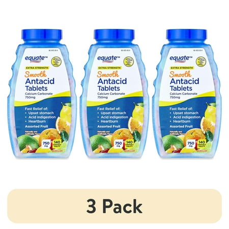 (3 pack) Equate Extra Strength Calcium Carbonate Smooth Chewable Antacid Tablets, Assorted Fruit, 140 Count