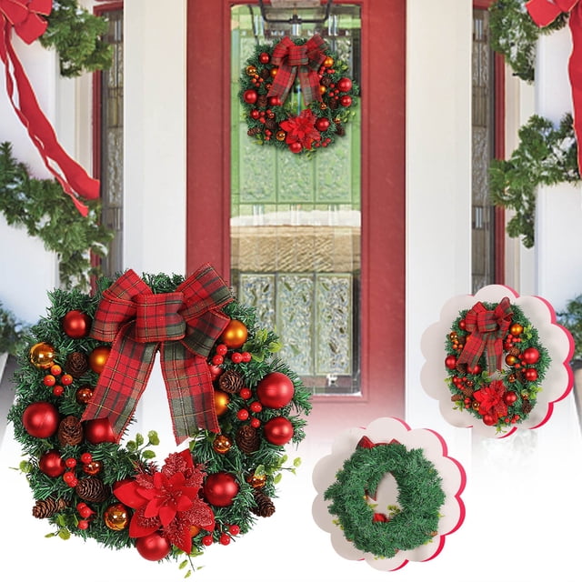 Couronne de Noël pour Porte d'Entrée Nœud Rouge Couronne Boule de Noël Couronne de Noël Décoration de Noël Décorations pour la Maison Décorations de Noël Intérieures