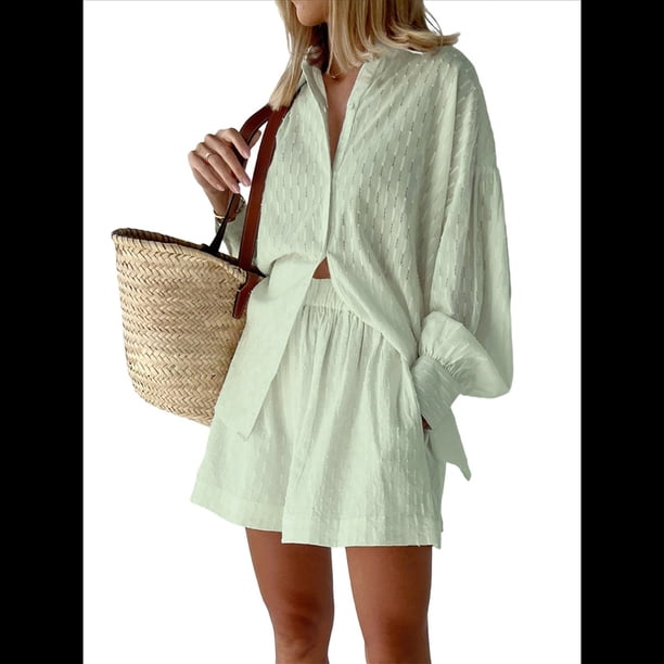 Conjunto de Dos Piezas para Mujer: Blusa Holgada de Larga Abullonada y Pantalones Cortos de Cintura Alta con Bolsillos Laterales. Verde L