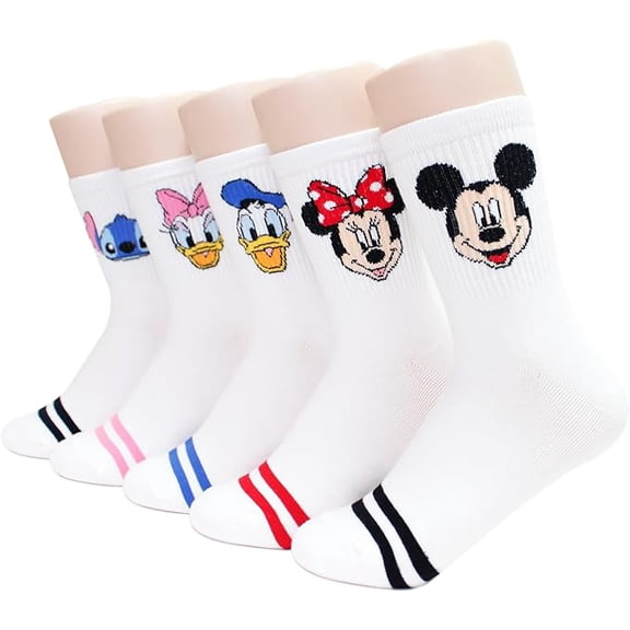 Disney Character Crew Socks, 5 Pairs Set, Mickey Mouse Minnie Donald Daisy Pooh, Multi-Color