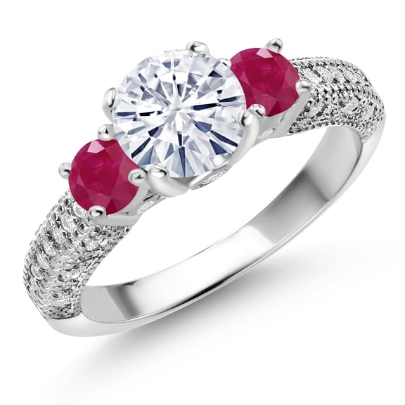 Gem Stone King 925 Sterling Silver White Moissanite and Red Ruby Engagement Ring for Women (1.98 Cttw, Gemstone, Round 7MM and 4MM, Size 5)