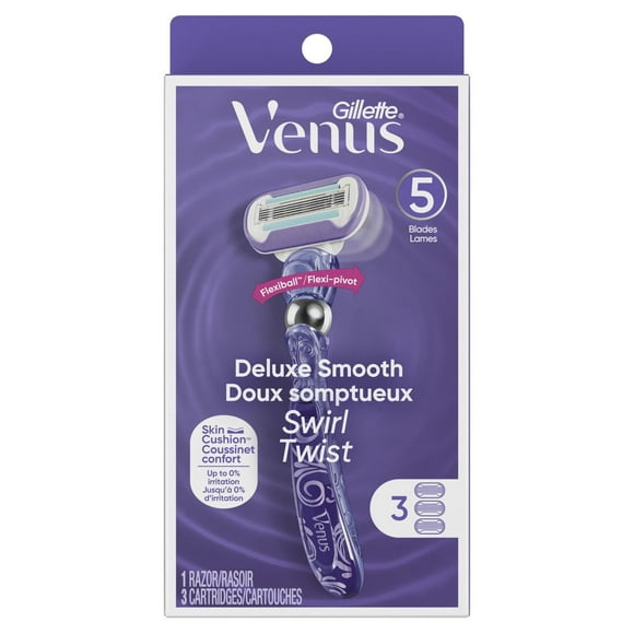 Rasoir Gillette Venus Doux Somptueux Twist pour femmes, manche de rasoir et de rechange manche avec 3 cartouches de rechange