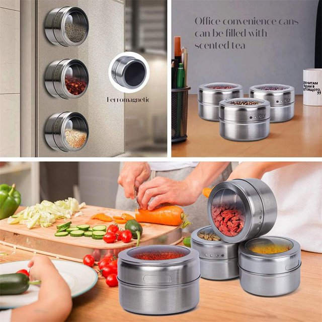 SDNall Magnetic Base Spice Tins,Stainless Steel Magnetic Spice Storage Jar Tins Container With Rack Holder