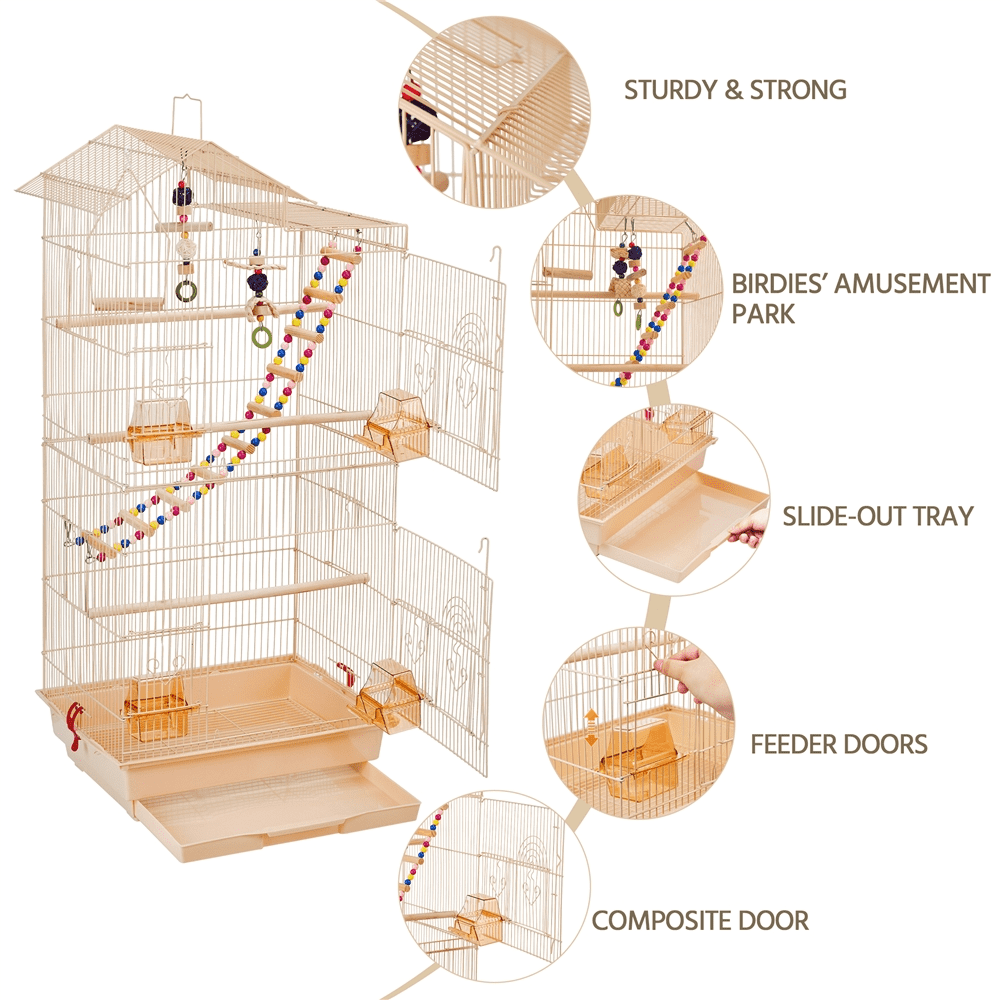 Alden Design 39"H Metal Large Roof Top Parrot Cage with Perches and Toys, Almond