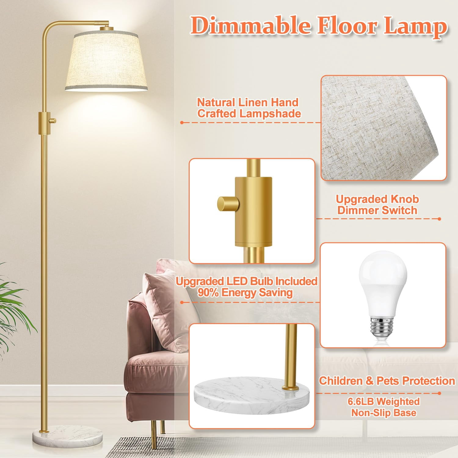Floor Lamp Gold-White Shade-Marble Base Dimmable Standing Lamp for Living Room and Bedroom