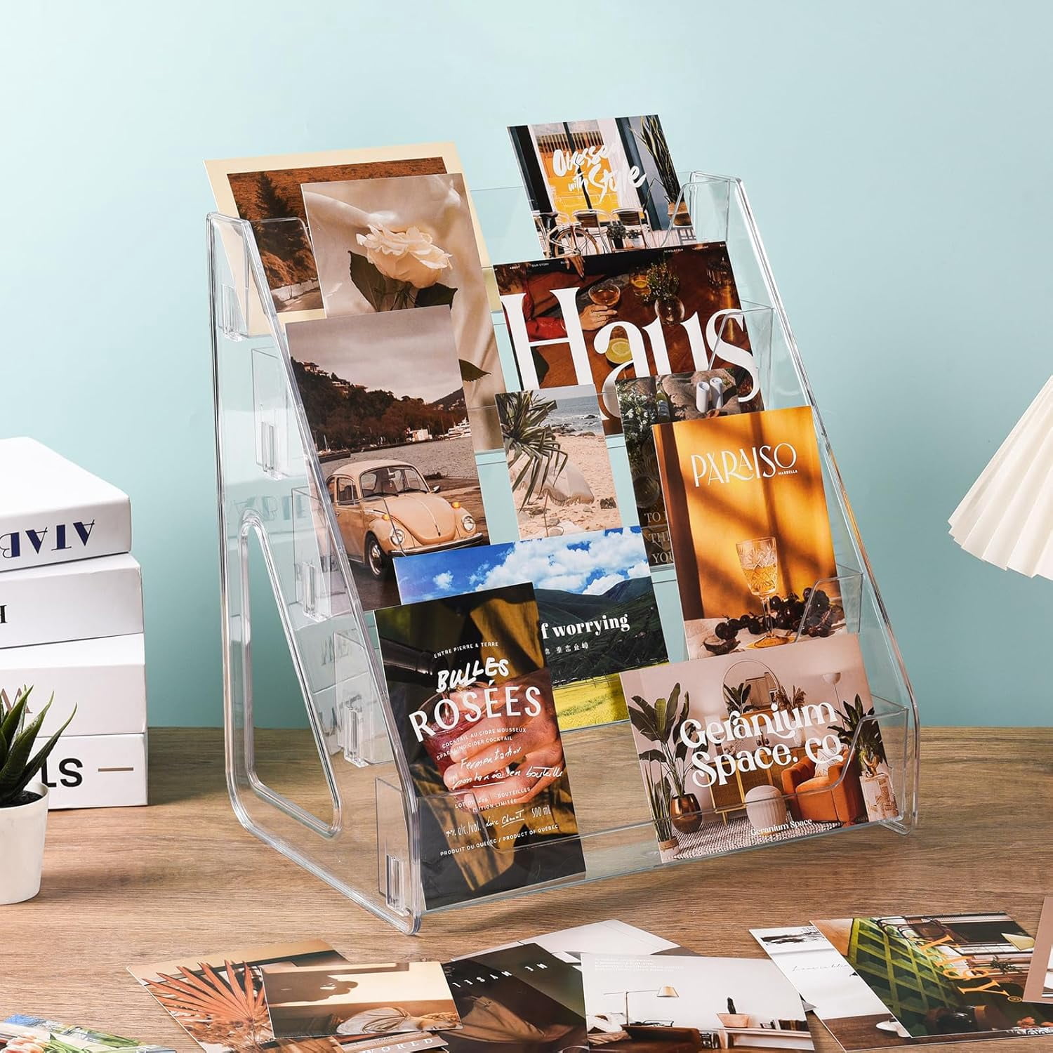 Upgraded 5 Tier Acrylic Card Display Stand, Clear Display for Greeting Cards, Sports Cards, Postcards, Stickers & Brochures, Easy Snap-On, Increased Height & Thickness for Better Presentation