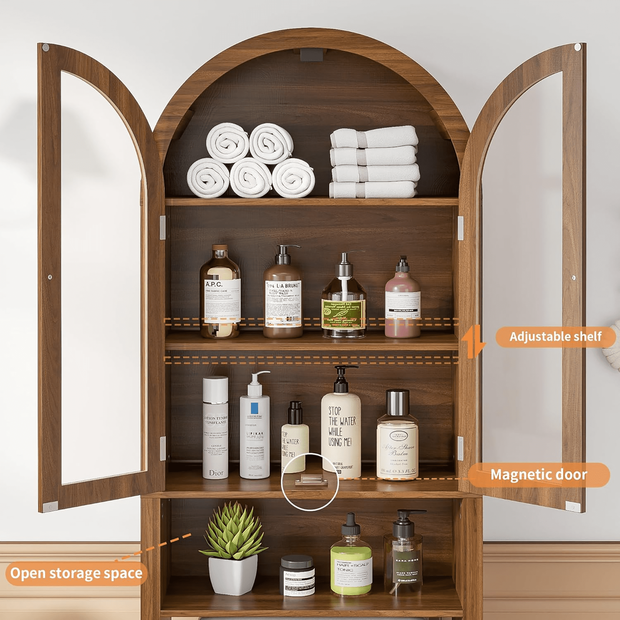 Oubayajia Over The Toilet Storage Cabinet, Bathroom Shelf Over Toilet with Acrylic Doors, 4-Tier Bathroom Storage Cabinet Organizer with Adjustable Shelf, Walnut