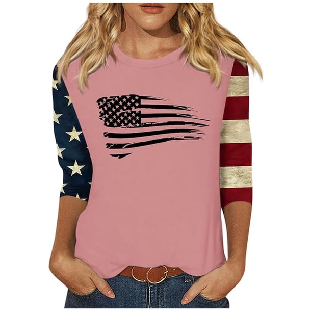 Camisetas de Manga Corta para las Mujeres Día de la Independencia Patriótica Impresa 3/4 Manga Cuello Redondo, Camiseta Casual para Diarios Y Festivales