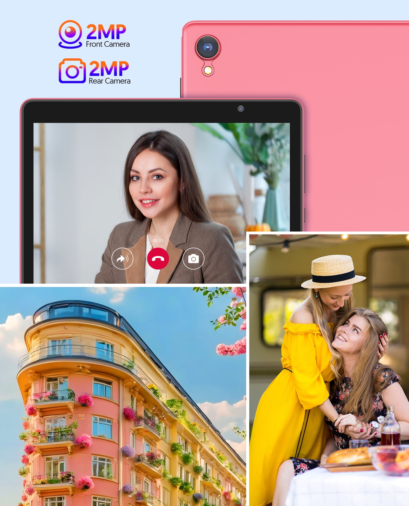 Android Tablet, 10 inch Android 14 Tablet, Quad-core CPU, RAM 4GB（2G+2G）, ROM 32GB (Up to 1TB), 800x1280 IPS, WiFi 6, 2MP+2MP, 6000mAh, Pink