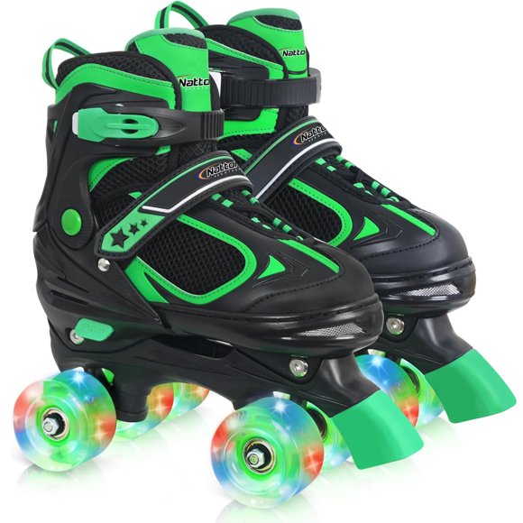 Kids Roller Skates for Boys - Green for Big Kids Age 7 8 9 10 - Adjustable All Light up Wheels Indoor Outdoor Sports Birthday Gift for Son and Grandson