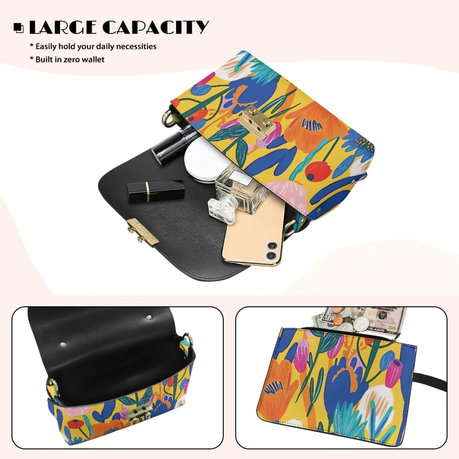 Pzuqiu Abstract Floral Leather Crossbody Bags for Women Trendy Lightness Fashion Woman Crossbody Bag with Chain Strap Vintage Practical Functional Gifts for Women