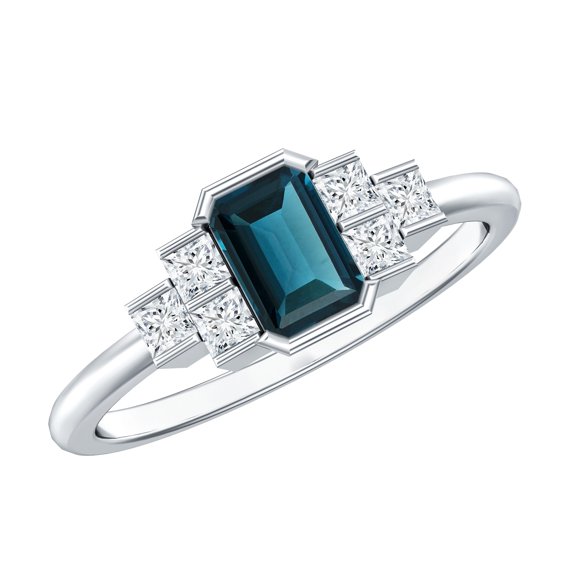 Rosec Jewels London Blue Topaz Emerald Cut Engagement Ring - Real Blue Topaz Diamond Ring (4X6mm, AAA Grade) - with Jewelry Box, 925 Sterling Silver, US 4.00