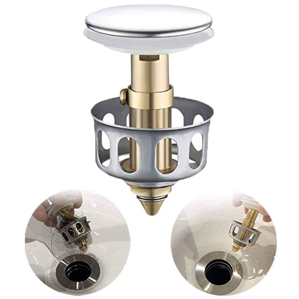 Fregadero de enchufe 1 paquete de filtro de drenaje emergente para lavabo, tapón de drenaje para fregadero de baño emergente sin desbordamiento con cesta, tipo empuje de acero inoxidable Fason HQ-189