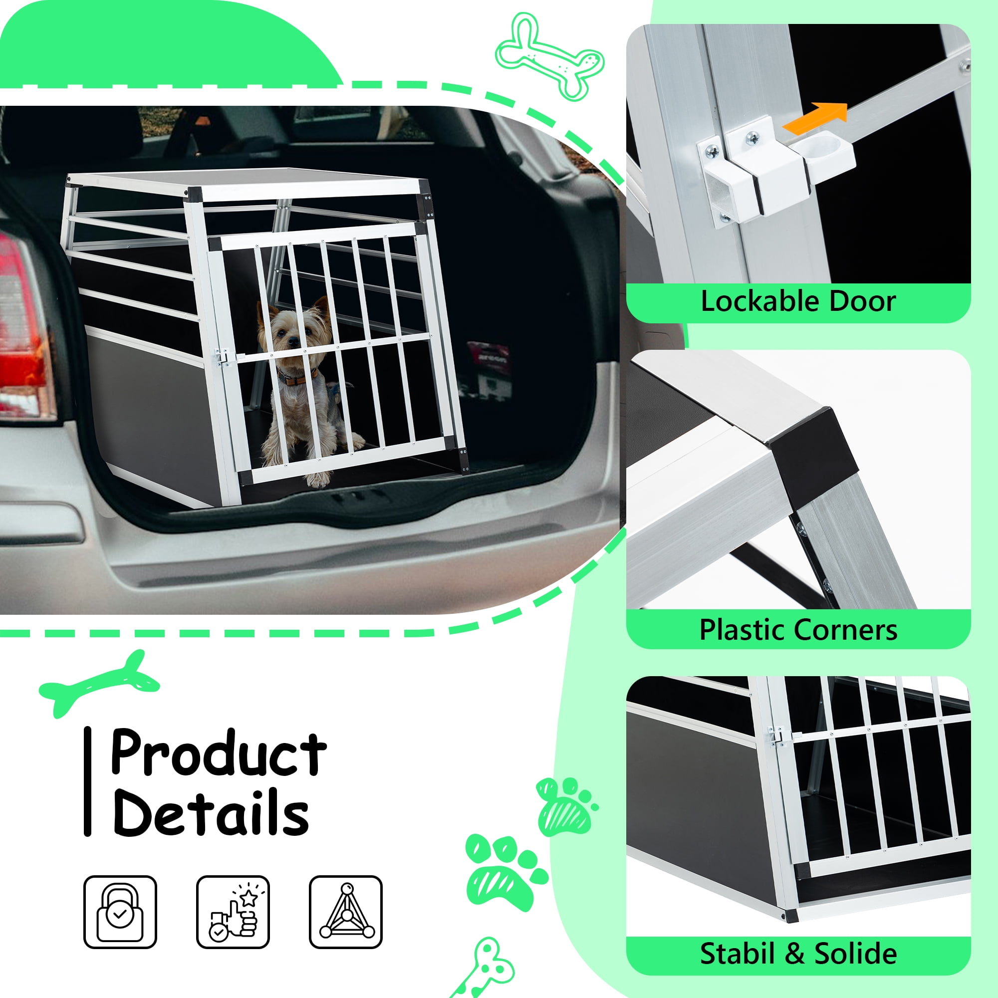 Large Dog Crate 36x26x27in, Heavy Duty Aluminum Travel Carrier with Locking Door, Airline Approved Pet Transport Box for Medium Large Dogs, Foldable & Easy Clean Black Silver Pet Crate