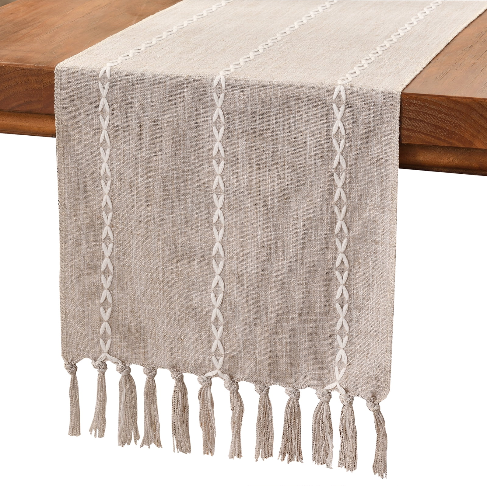 Wracra Rustic Cotton Linen Embroidered Table Runner with HandTassels