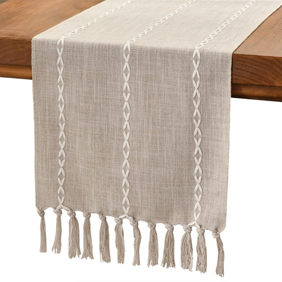 Wracra Rustic Linen Table Runner Farmhouse Style Table Runners 72 inches Long Embroidered Table Runner with Hand-Tassels for Party, Dresser Decor and Dining Room Decorations(Light Coffee, 13"×108")