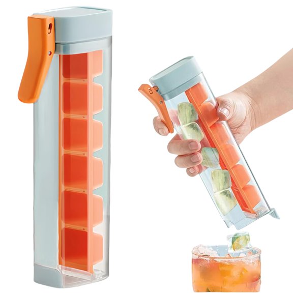 One-Hand Press Ice Cube Tray with Storage Cup, Easy Release Ice Mold, 6-Grid Square Ice Maker for Drinks, Portable Ice Cube Container