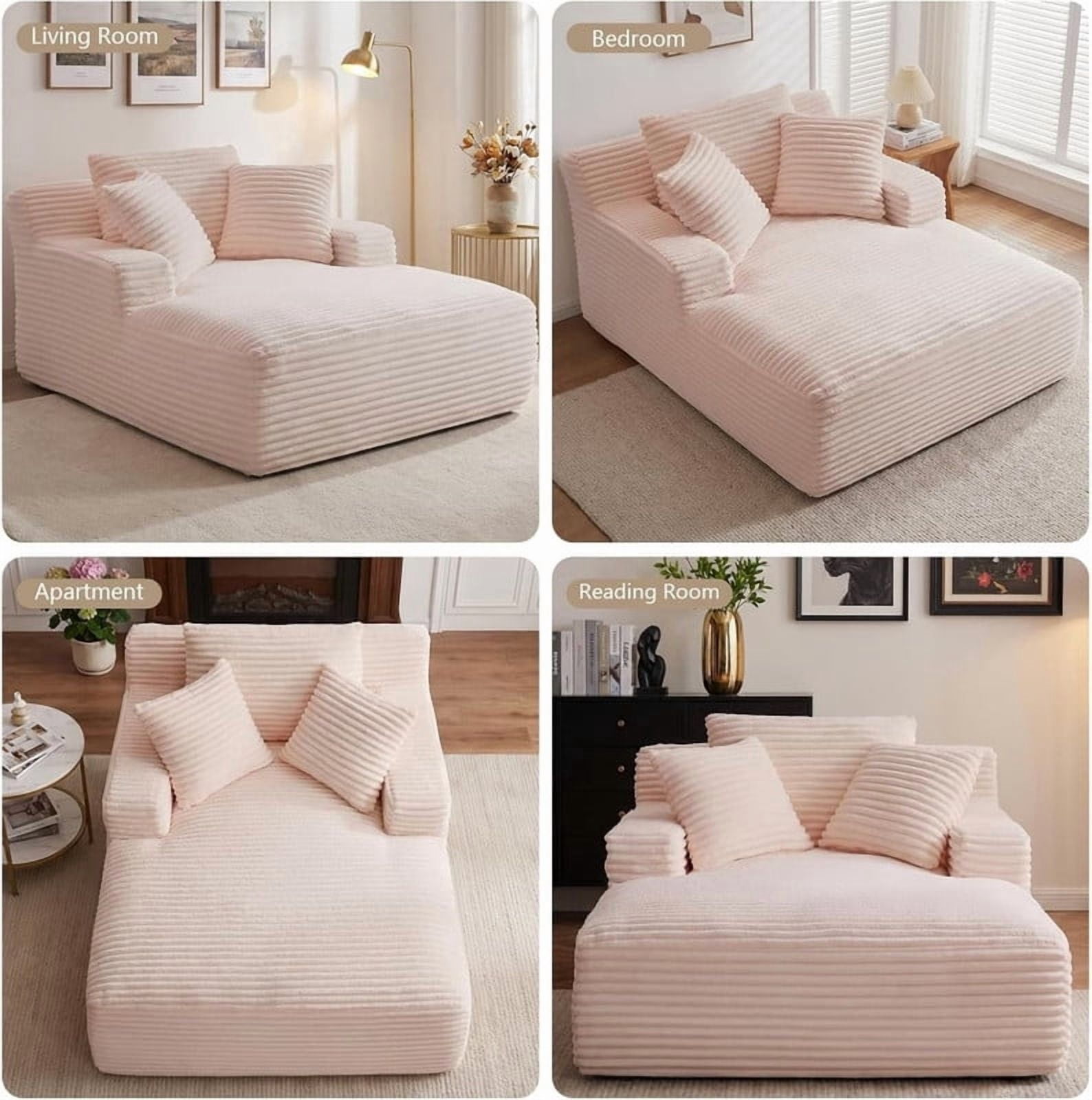 Oversized Chaise Lounge Chair Indoor, Upholstered Sofa Bed Sleeper Sofa Corduroy Cloud Couch Boneless Sofa Reading Chair with 3 Pillows for Living Room, 49.2''x66.1''