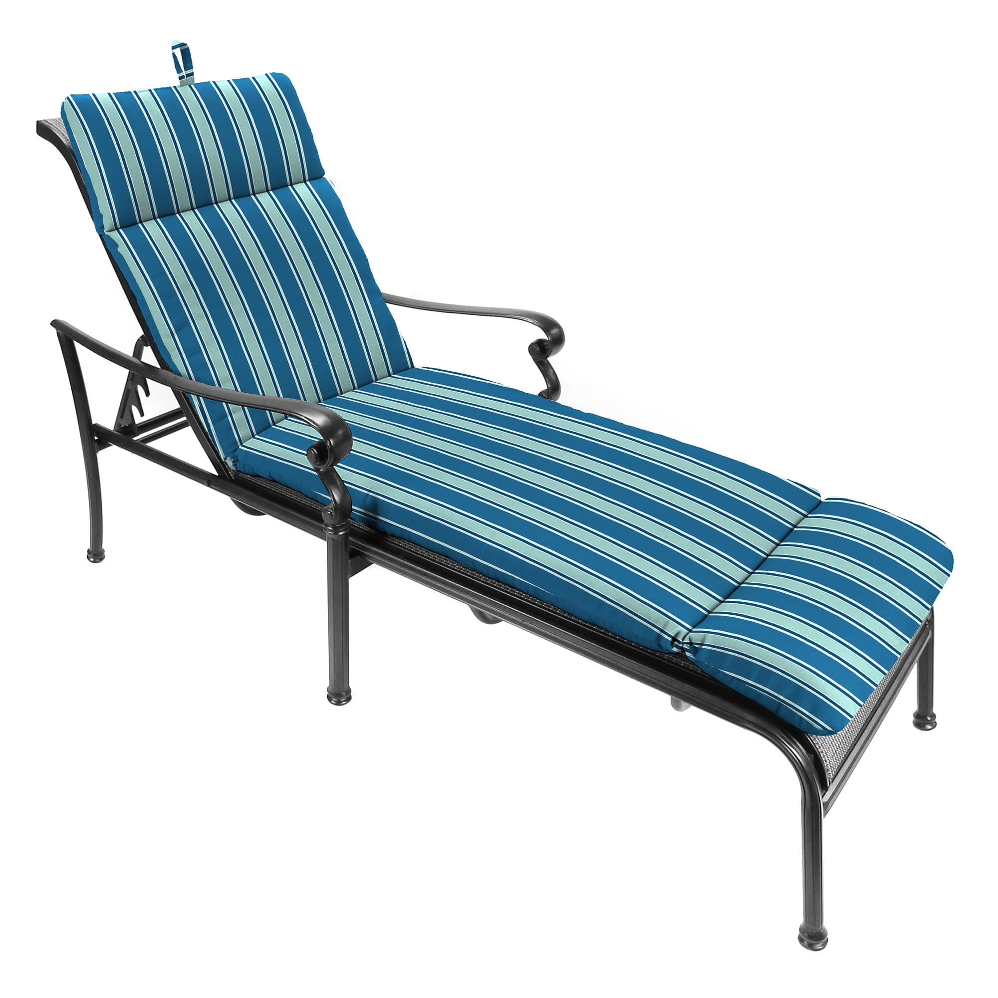 Jordan Manufacturing 74" x 22" Sanders Puff Blue and Gray Green Stripe Rectangular Outdoor Chaise Lounge Cushion with Ties and Hanger Loop