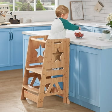 KFFKFF Kids Toddler Step Stool, 3-Level Height Adjustable Toddlers Standing Tower for Kids, 350LBS Loading Toddler Kitchen Stool Helper & Safety Rail, Bamboo Tower Learning Stool for Counter