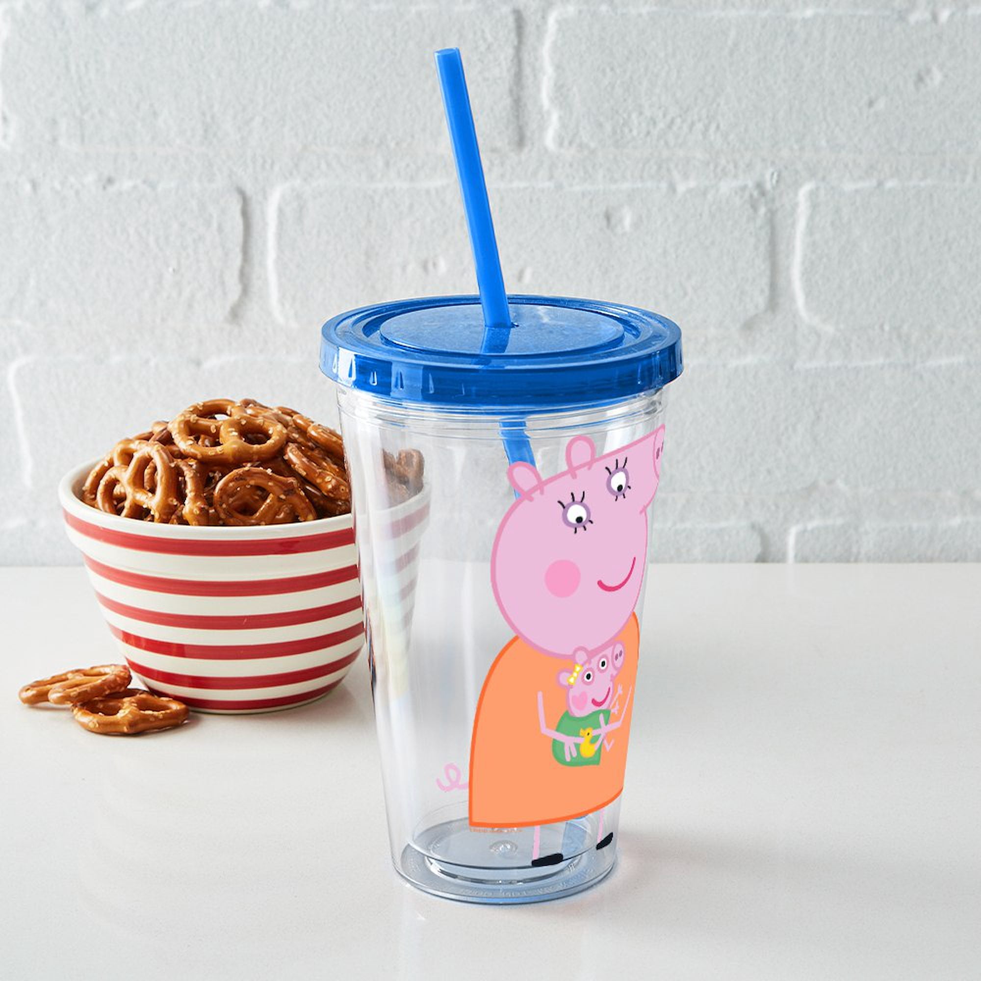 CafePress - Peppa Pig: Holding Baby - 16 Ounce Classic Clear Insulated Double Wall Tumbler Cup with Lid Straw , Reusable