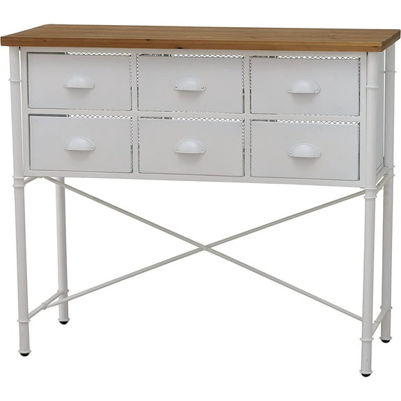 Cape Cod 6 Drawer Console Table, Solid Wood Top, White Iron, Metal Mesh Detailing, Plastic Floor Buttons, Bin Pulls, Criss-Cross Base Support, 37 Inches Wide, Modernist Home