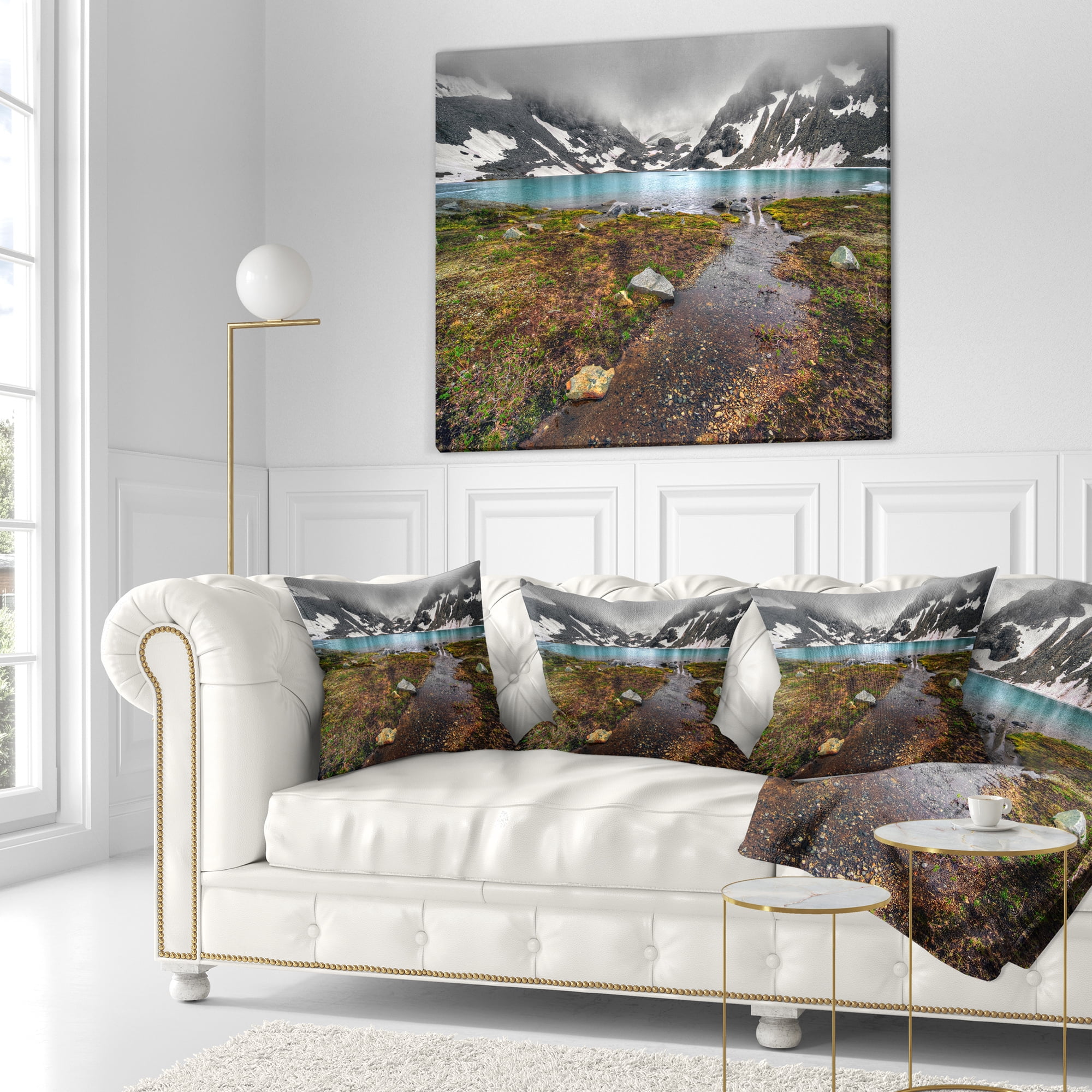 Designart Cloudy Sky above Mountain Lake - Landscape Printed Throw Pillow - 16x16
