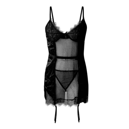 

wendunide lingerie for women Womens Sexy Desire Suspenders Lace Perspective Temptation Pajamas Sexy Lingerie Set Black 3XL