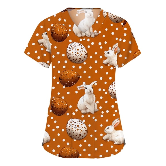 Fabrcox S-5XL Bunny Egg Hunt Print Holiday Scrub Top for Women V Neck Short Sleeve Easter Working Uniform with Pocket