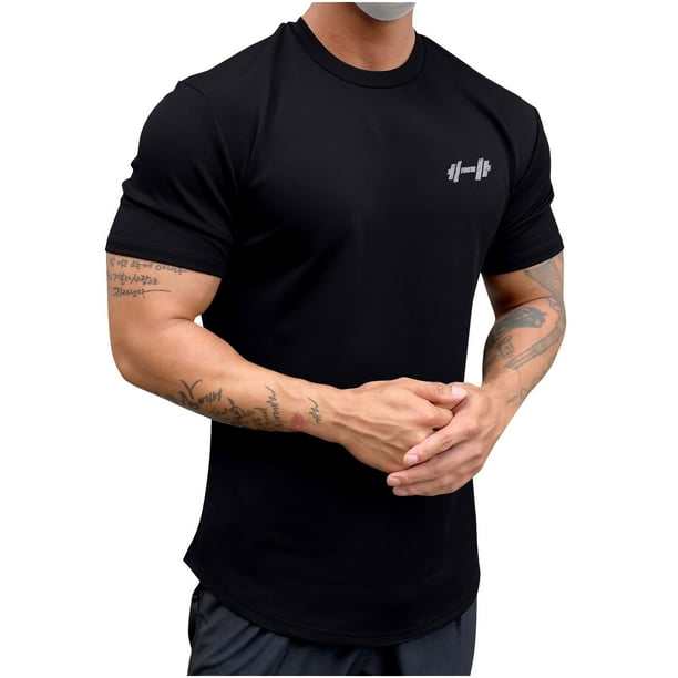 Camisa Elvqul Hombre Algodón Negro Gym Casuales de Color Sólido Manga Corta Cuello Redondo