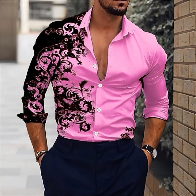 Camisa de moda rosa para hombre, camisa de fiesta de moda nueva para hombre, camisa de solapa con botones de manga larga, corte entallado, elegante y con estilo para hombre